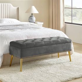 Mid-Century Modern End of Bed Storage Bench with Gray Velvet Seat and Gold Legs