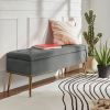 Mid-Century Modern End of Bed Storage Bench with Gray Velvet Seat and Gold Legs