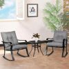 Outdoor 3-Piece Patio Furniture Table Rocking Chairs Set with Grey Cushions