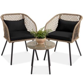 3 Piece Beige/Black Outdoor Weave Wicker Bistro w/ Tempered Glass Side Table Set