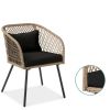 3 Piece Beige/Black Outdoor Weave Wicker Bistro w/ Tempered Glass Side Table Set