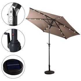 Tan 9-Ft Patio Umbrella with Steel Pole Crank Tilt and Solar LED Lights