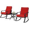 Outdoor 3-Piece Patio Furniture Rocking Chairs Table Set with Red Cushions