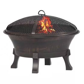 26-inch Outdoor Cast Iron Fire Pit with Mesh Cover and Poker in Bronze