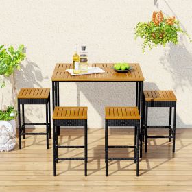 GO 5-Piece Outdoor Patio Wicker Bar Set, Garden PE Rattan Wicker Dining Table, Square Stool Set, Foldable Tabletop, Acacia Wood Tabletop