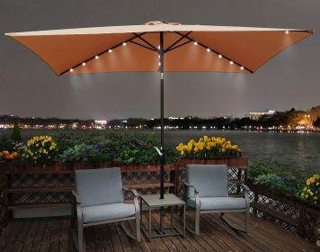 10 x 6.5t Rectangular Patio Solar LED Lighted Outdoor Market Umbrellas with Crank & Push Button Tilt for Garden Shade Outside Swimming Pool RT