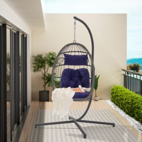 Outdoor Garden Rattan Egg Swing Chair Hanging Chair Dark Blue Cushion